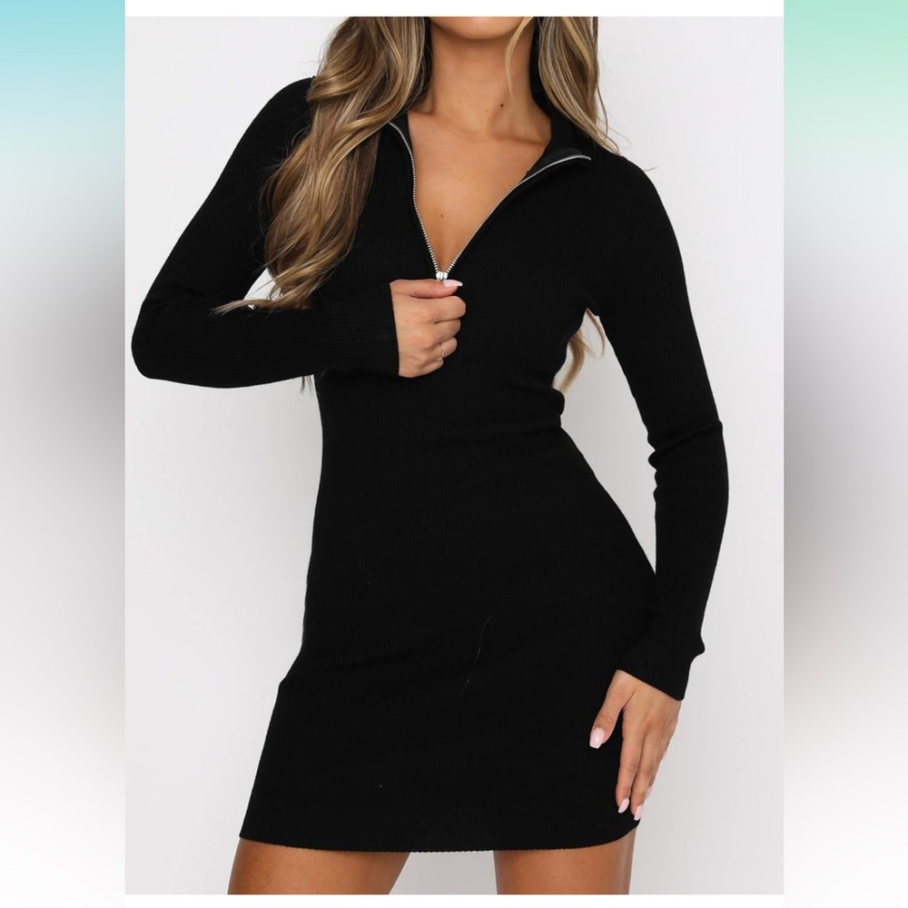 Long Sleeve black Knit Ribbed Bodycon Mini Sweater Dress with front zipper